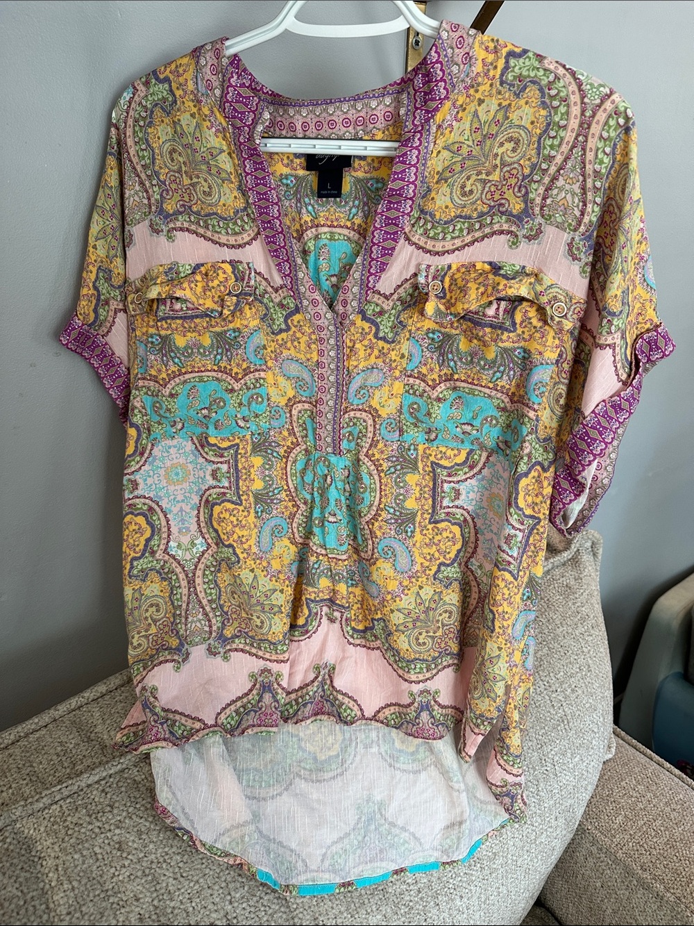 Daytrip Paisley V-Neck Tunic in Pink, Teal & Yellow from The Buckle